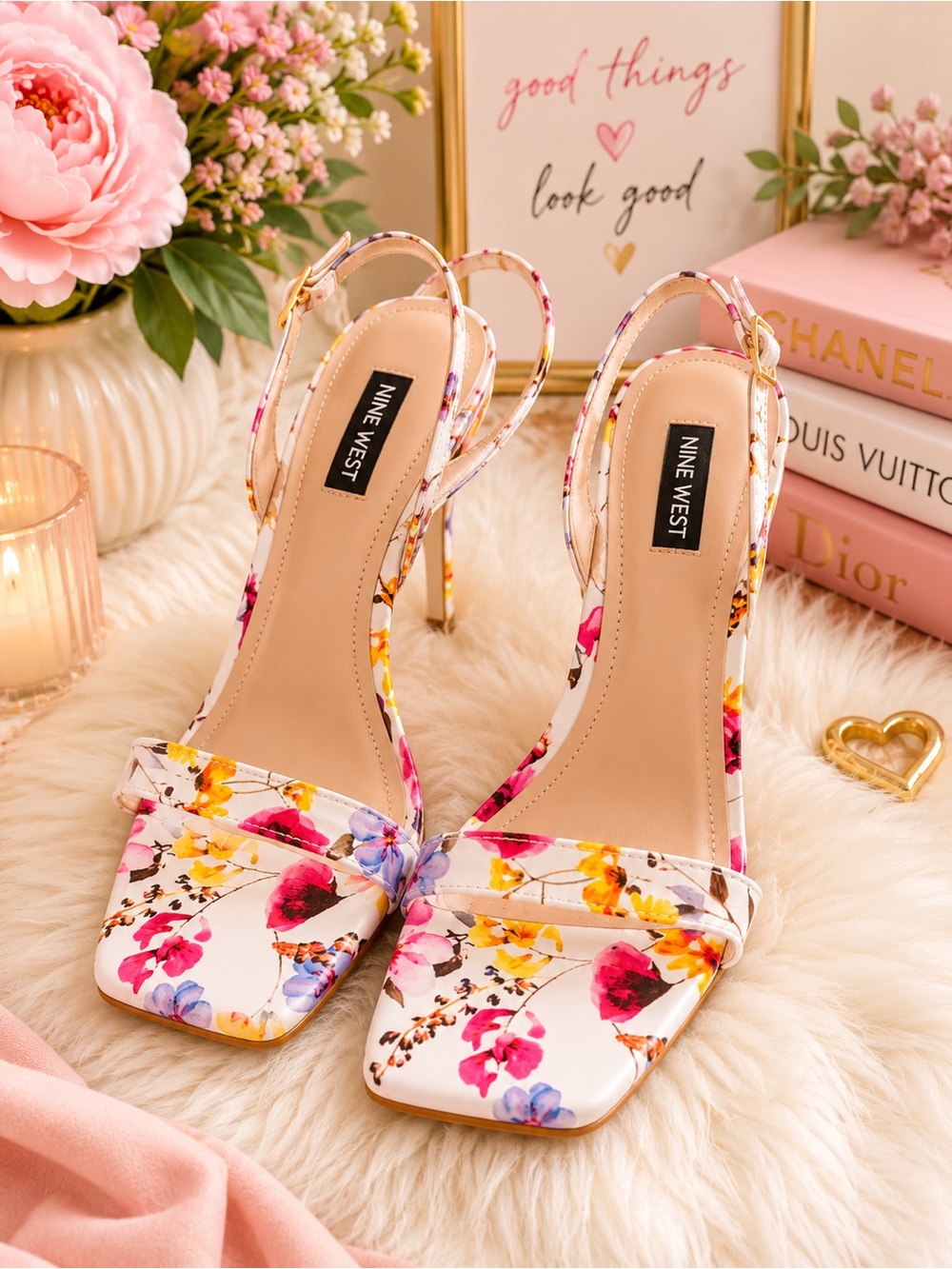 Nine West Floral Slingback Heels White Multi-Color Print